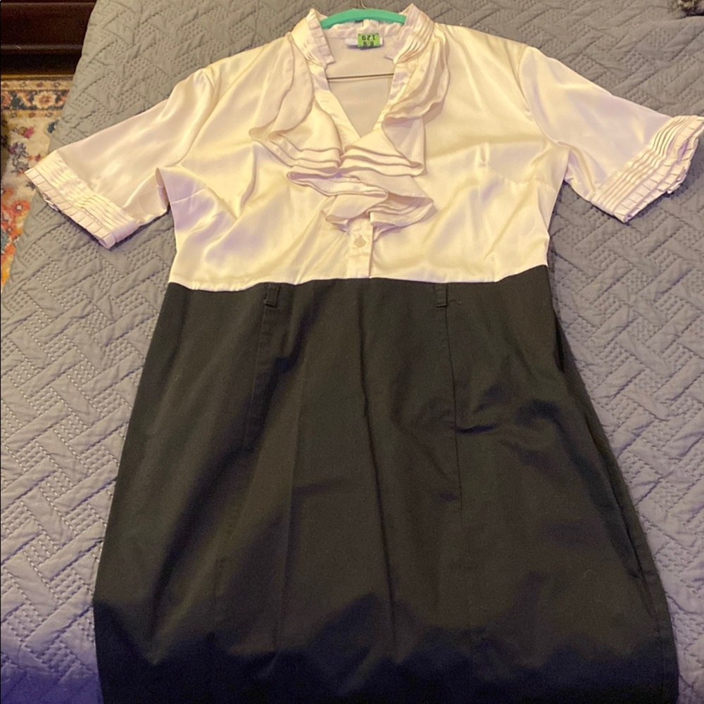 New York and Company Elegant Black Cotton and White Silk Ruffle Dress